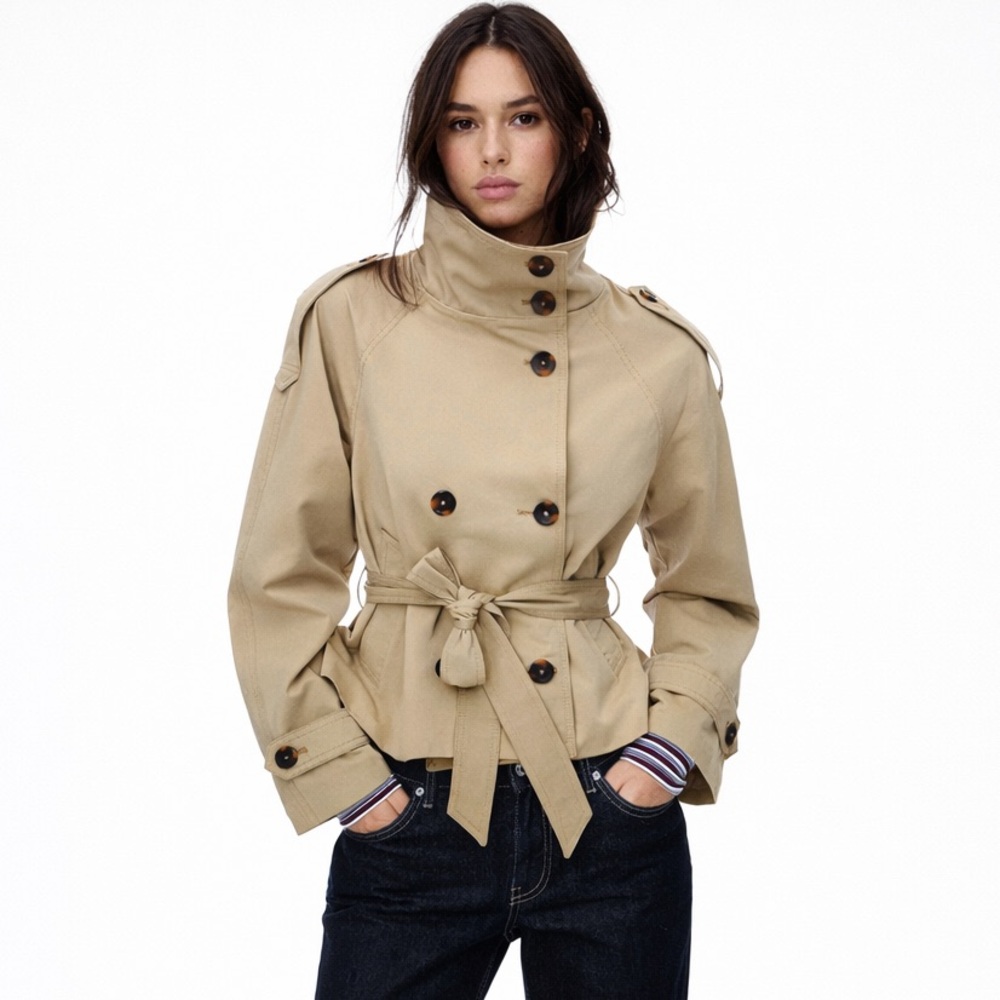Cropped Trench Coat Women Beige Double Breasted Belted Funnel Neck Jacket